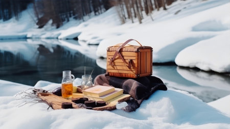 Wooden box with a gift, a bottle of wine, a book and a cup of tea on the snow in the winter forestの素材
