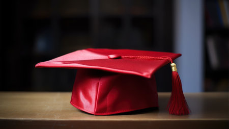 Graduation cap on wooden table with blurred background. education concept.の素材