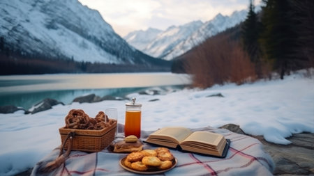 Picnic in the mountains. Book, orange juice and cookies on a blanket.の素材