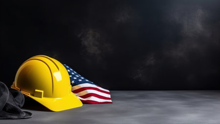 Hard hat with American flag on black background. Labor day concept.の素材