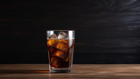 Cola with ice cubes in a glass on a wooden table, dark backgroundの素材