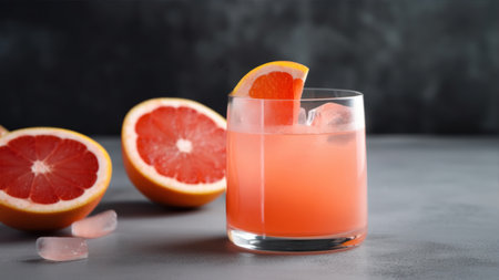 Glass of tasty cocktail with ice cubes and grapefruit on gray tableの素材