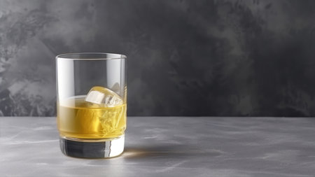 Whiskey with ice in a glass on a gray background.の素材
