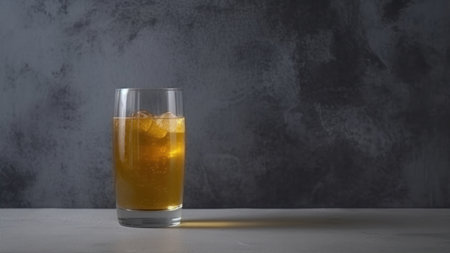 A glass of whiskey with ice cubes on a dark background. copyspace.の素材