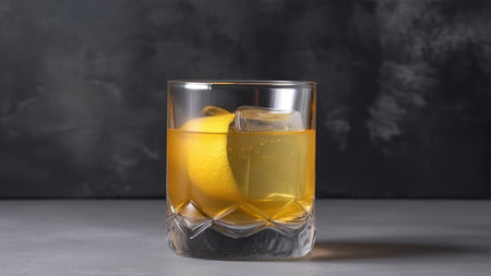 Whiskey with ice and lemon in a glass on a dark backgroundの素材