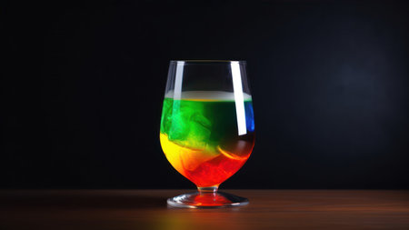 Colorful cocktail in a glass on a wooden table on a black backgroundの素材