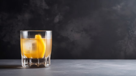 Alcoholic cocktail with lemon and ice on a dark background.の素材