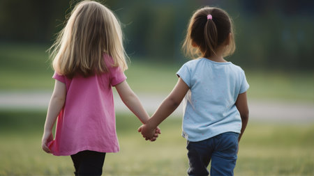 Two little girls holding hands and walking in the park. back view.の素材