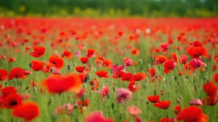Field of red poppies on a background of green grass.の素材