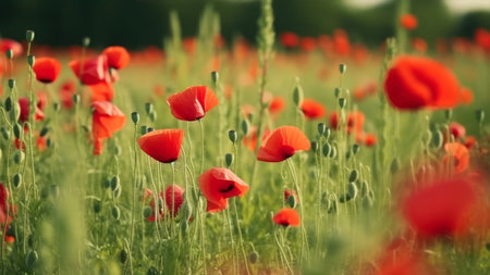 Red poppies on a green field. Soft selective focus.の素材