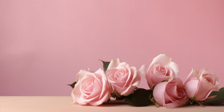 pink and white roses on a pink background, space for textの素材
