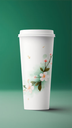 White paper cup with floral pattern on green background. 3D renderingの素材