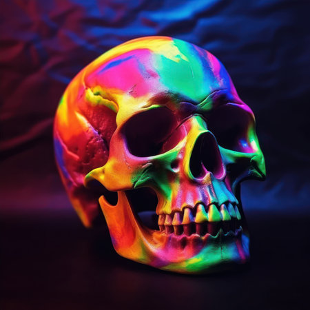 Colorful human skull on dark background. Halloween, horror concept.の素材