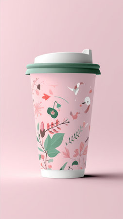 Paper coffee cup with floral pattern on pink background. 3D renderingの素材