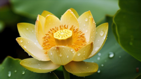 Yellow lotus flower with water droplets on the petals.の素材