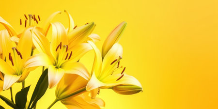 Bouquet of yellow lilies on a yellow background. copyspace.の素材
