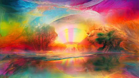 Landscape with river, trees and rainbow in the sky. digital painting.の素材