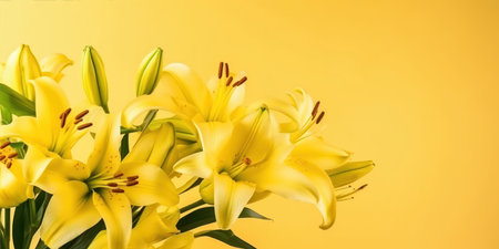 Bouquet of yellow lilies on a yellow background. Place for text.の素材