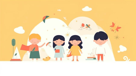 Vector illustration of children playing in the park. Kids play in the park.の素材