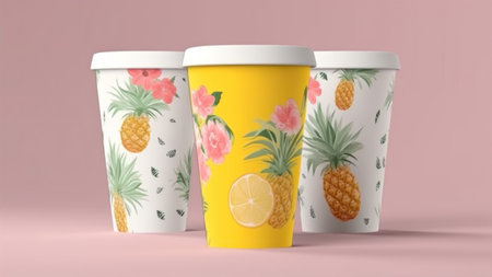 Three paper coffee cups with pineapple and lemon pattern on pink background. 3D renderingの素材