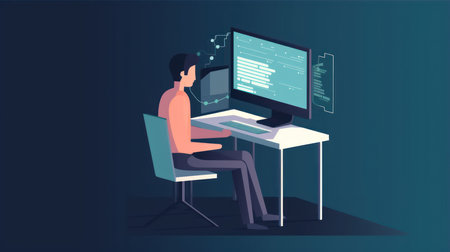 Programmer working at the computer. Vector illustration in flat style.の素材
