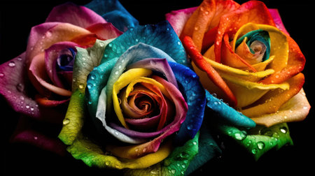 Beautiful multicolored roses on a black backgroundの素材