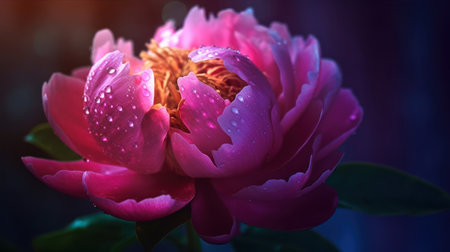 Pink peony flower with water drops on petals on dark backgroundの素材
