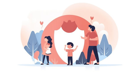 Family protection concept vector illustration. Flat tiny people characters standing in front of heart shaped shield. Mother, father, son and daughter protected by shield.の素材