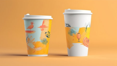 Two paper coffee cups on orange background. 3d render illustration.の素材