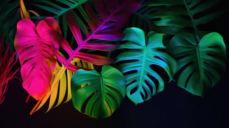 Tropical leaves on a black background. colorful neon leaves.の素材