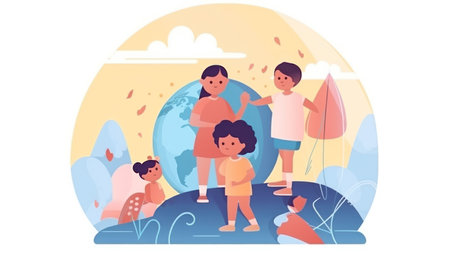 Family vacation concept vector illustration. Cartoon flat people characters on nature background.の素材