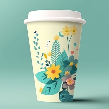 Coffee cup with floral pattern. 3d illustration. mockup.の素材
