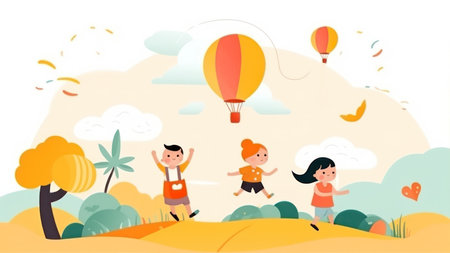 Happy children playing in the park with hot air balloon. Flat style vector illustration.の素材