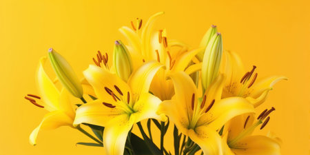 Bouquet of yellow lilies on a yellow background close upの素材