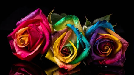 Beautiful multicolored roses on a black backgroundの素材