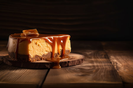 Cheesecake with caramel on a wooden background. selective focus.の素材