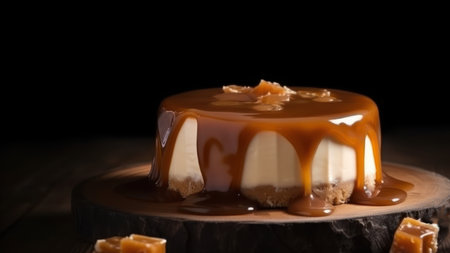 Delicious caramel cake on wooden table on black background, closeupの素材