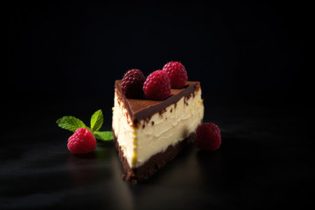 Piece of chocolate cheesecake with raspberries on black backgroundの素材