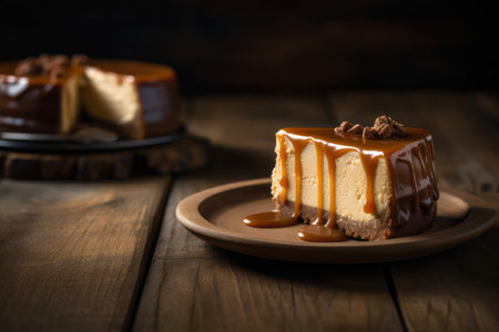 Cheesecake with caramel sauce on a wooden background, selective focusの素材