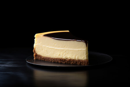Delicious cheesecake on black plate on black background. Toned.の素材