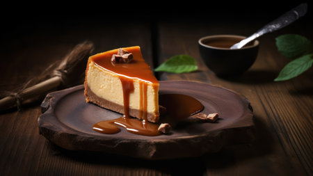 Cheesecake with caramel sauce on a wooden background. selective focus.の素材