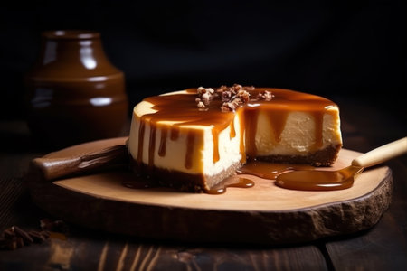 Cheesecake with caramel sauce on a wooden board, dark backgroundの素材