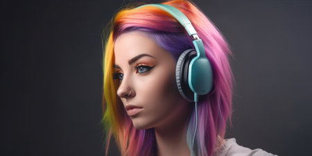 Portrait of beautiful young woman with colorful hair and headphones on black backgroundの素材