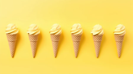 Vanilla ice cream in waffle cone on yellow background. top view, flat layの素材