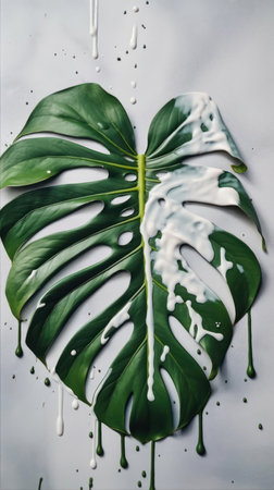Monstera leaf with splashes of white paint on a white backgroundの素材