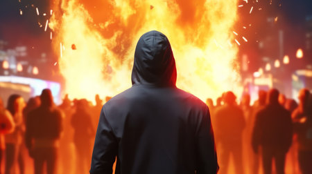 Man in black hoodie standing in front of burning fire and crowd of people.の素材