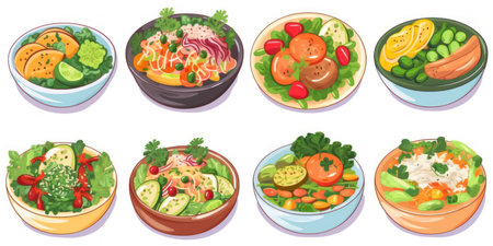 Salmon, avocado, tomato, cucumber salad in bowls. Health food. vector illustrationの素材