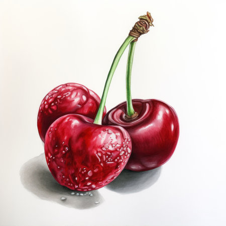 Watercolor illustration of two cherries with water drops on a white backgroundの素材
