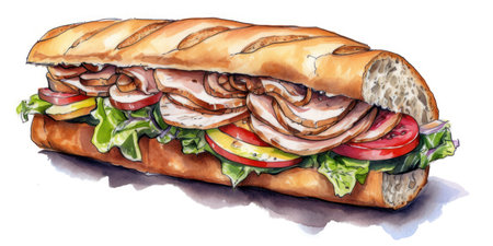 Sandwich with ham, cheese and vegetables. Watercolor hand drawn illustrationの素材
