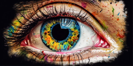 Close-up of beautiful female eye with abstract painting on it.の素材